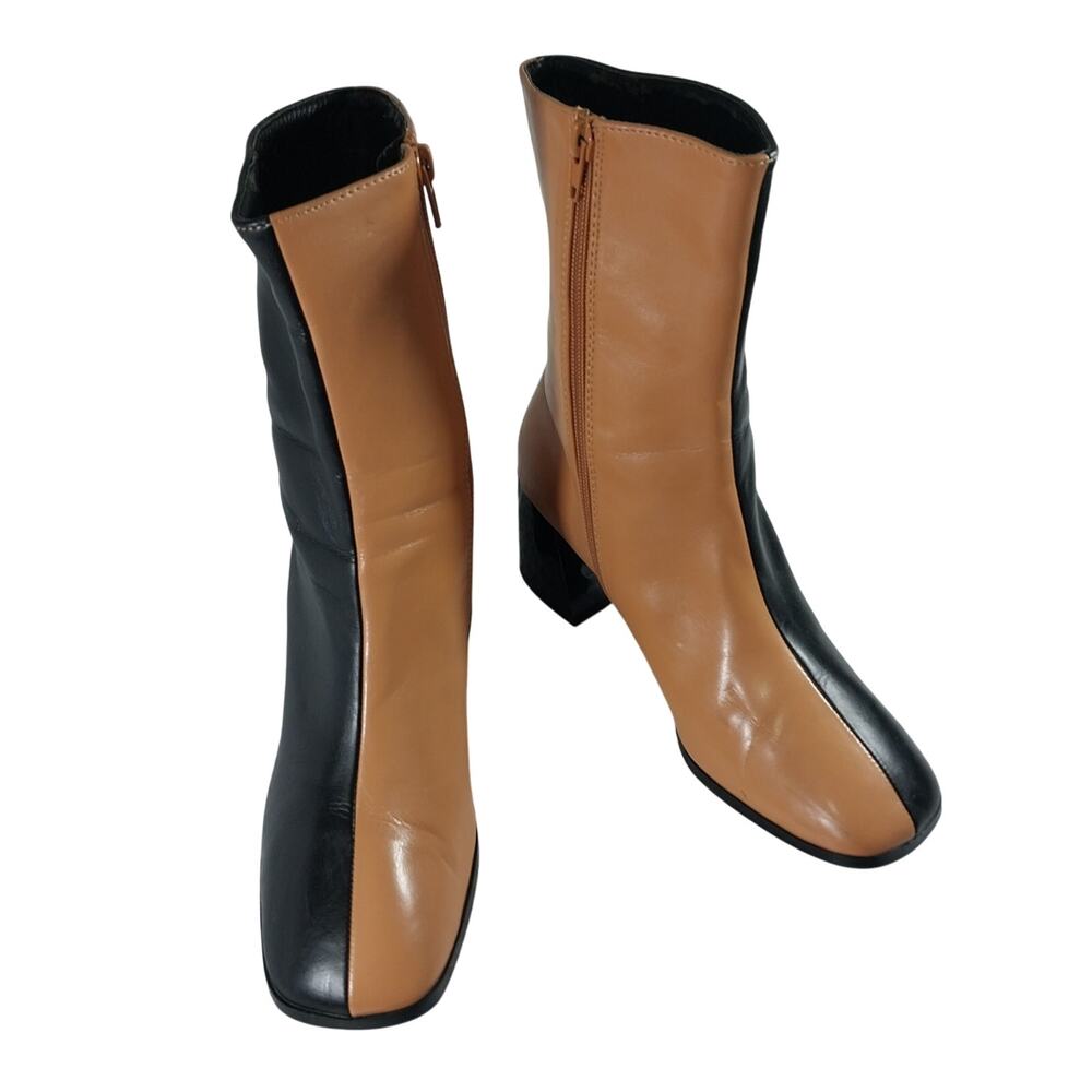 CODE Z! BLACK & TAN BEIGE SPLIT COLOR, CENTER SEAM, CHUNKY HEEL ANKLE BOOTS! 5M